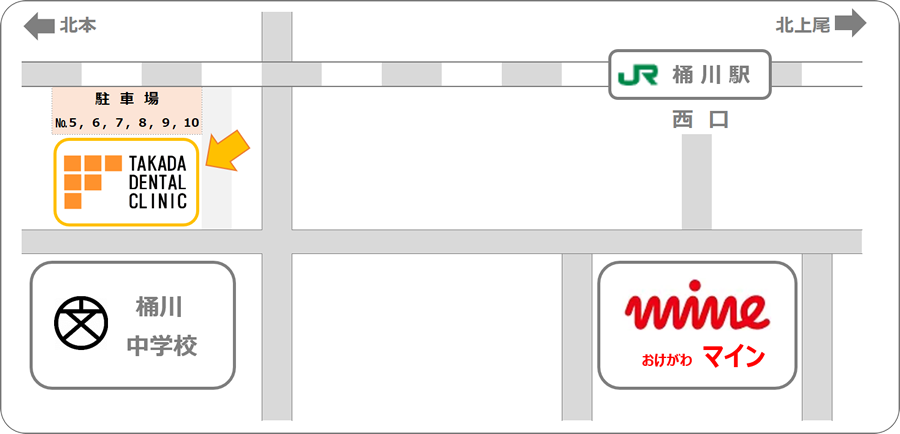 桶川駅西口からたかだ歯科医院への簡略図